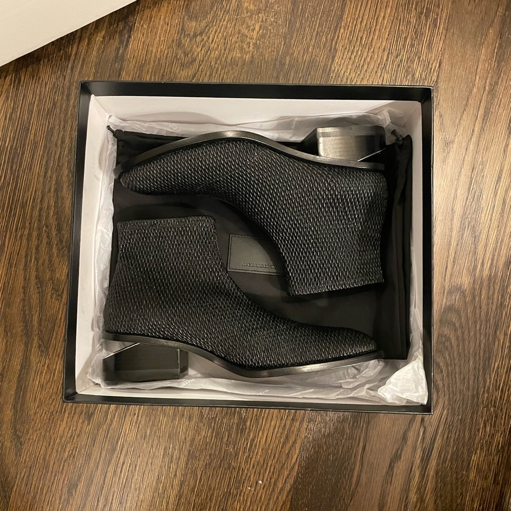 Alexander Wang black woven Kori stretch boots, size 38.5. New in box.